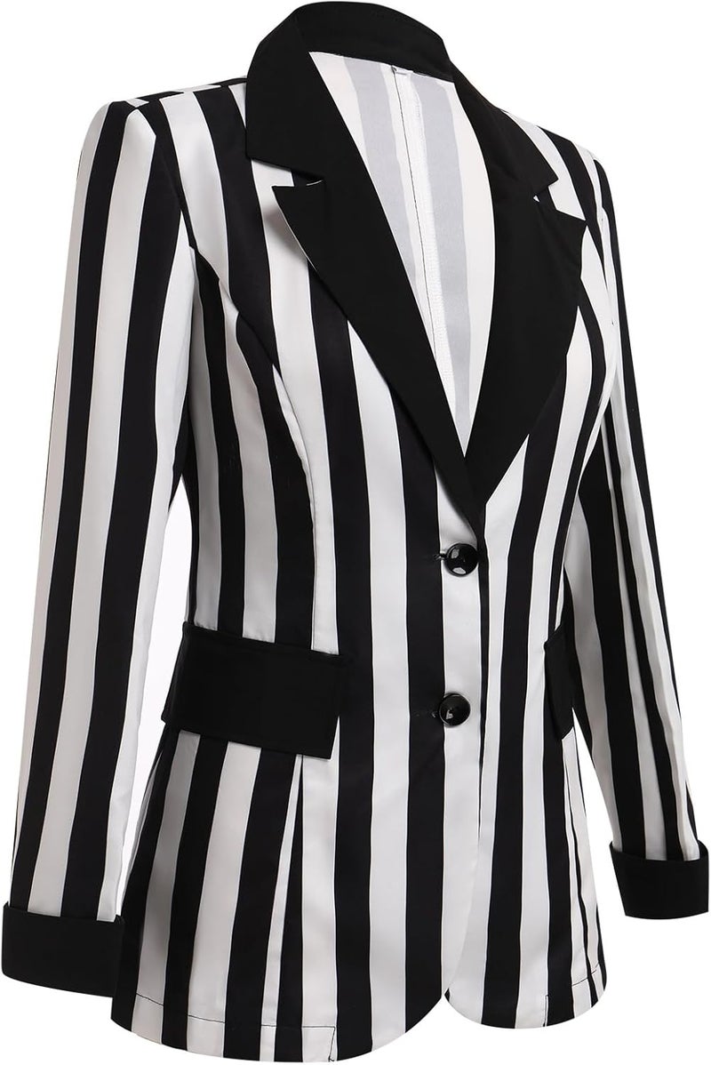 OBEEII Womens Black and White Striped Blazer Long Sleeve Single-Breasted Button Vertical Striped Blazer Office Work Jacket - Image 4